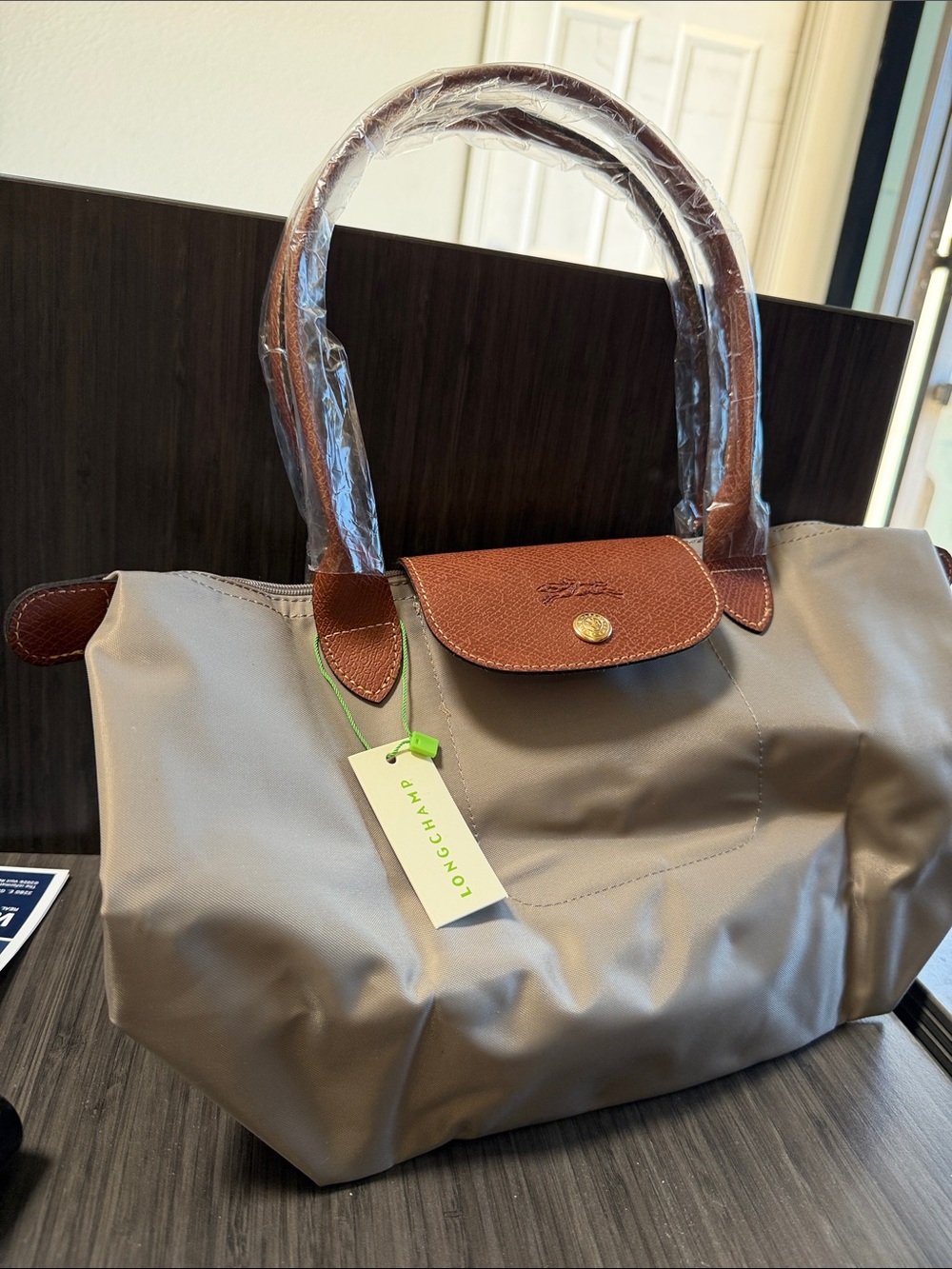 Longchamp Medium Le Pliage Classic Tote Bag in Taupe with Brown Trim - Picture 3 of 6